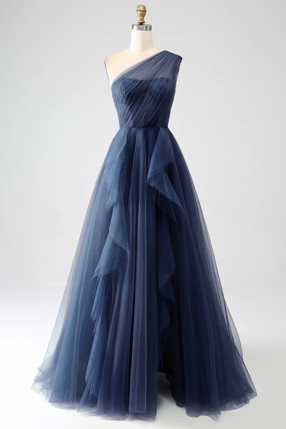 Deep green sheer A-shaped shoulder length prom dress