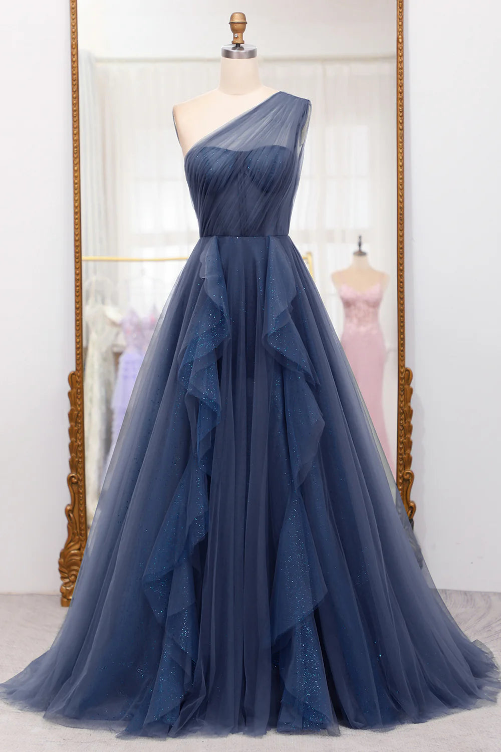 Navy blue sheer A-line shoulder length prom dress