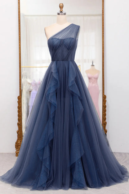 Navy blue sheer A-line shoulder length prom dress