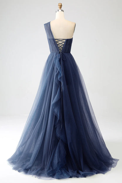 Deep green sheer A-shaped shoulder length prom dress