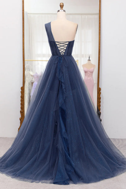 Navy blue sheer A-line shoulder length prom dress