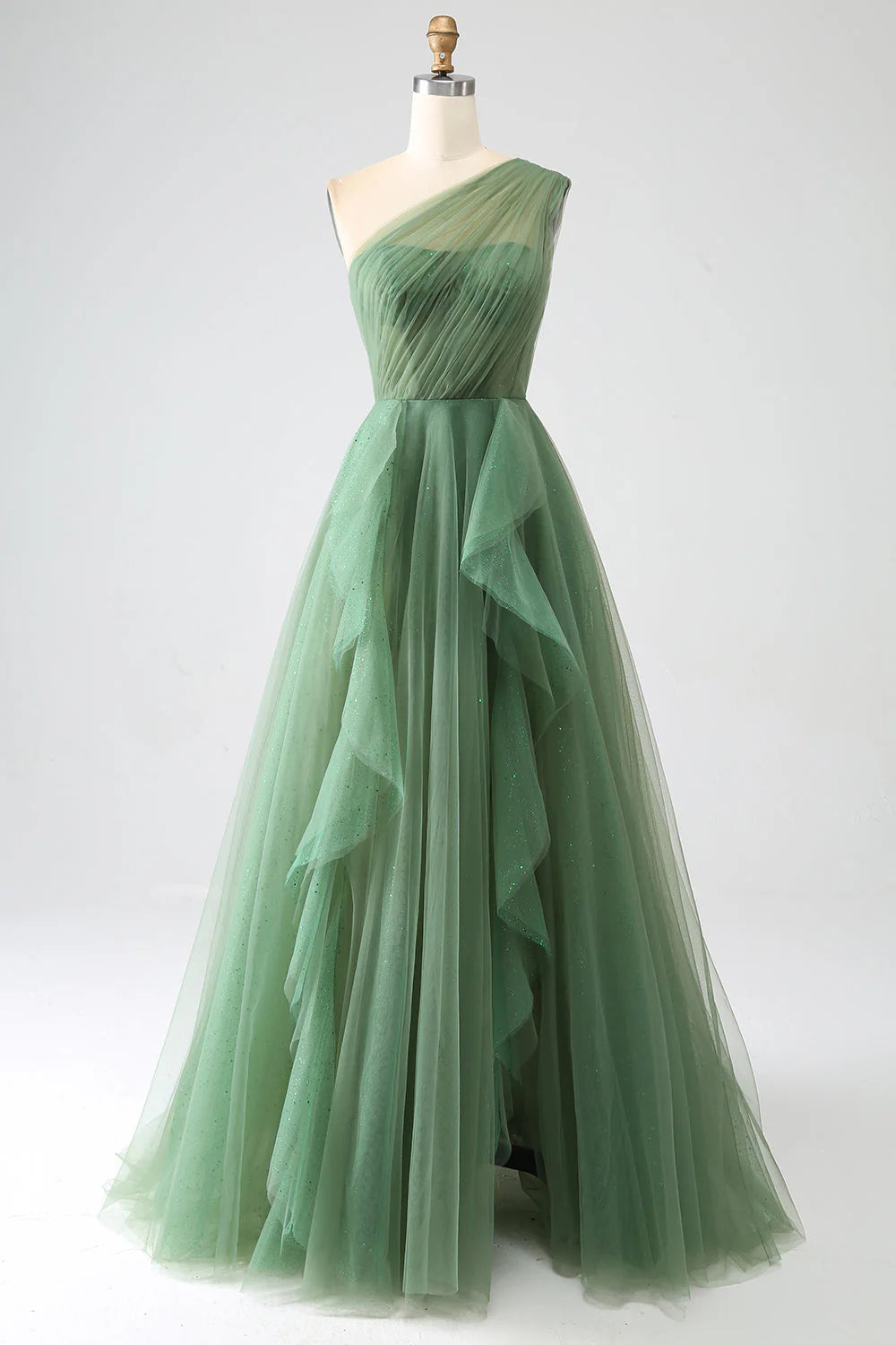Deep green sheer A-shaped shoulder length prom dress