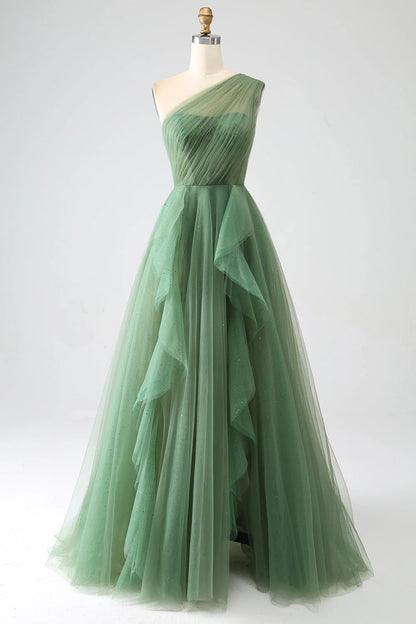 Deep green sheer A-shaped shoulder length prom dress