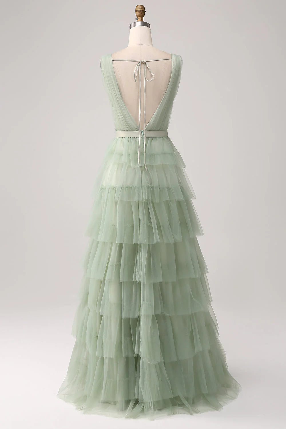 Green split pleated layered prom dress