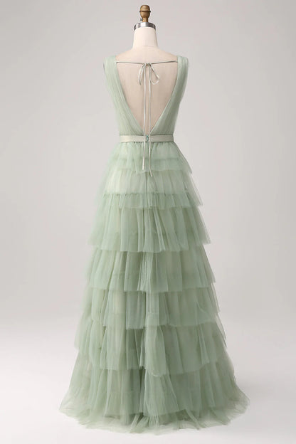 Green split pleated layered prom dress