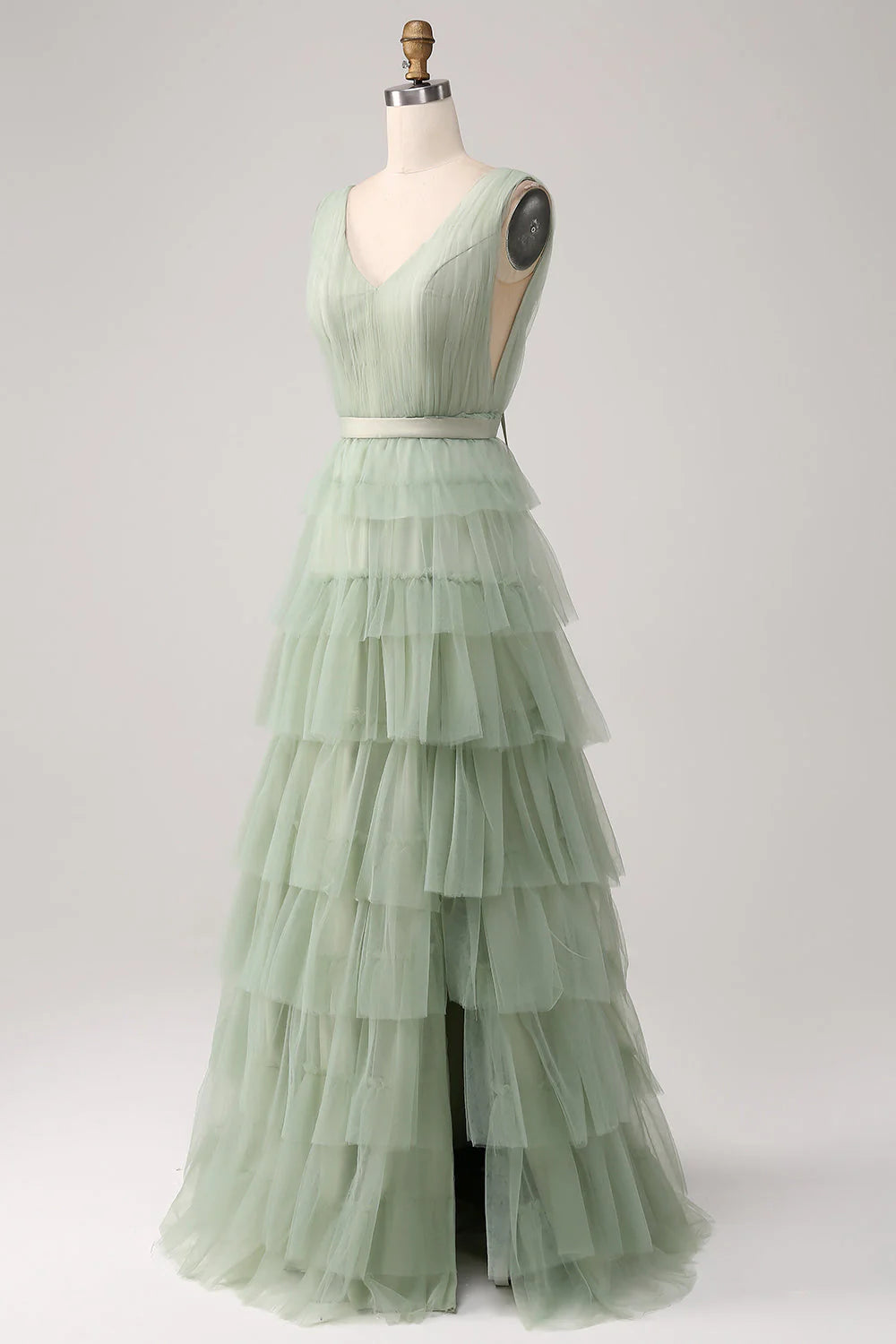 Green split pleated layered prom dress