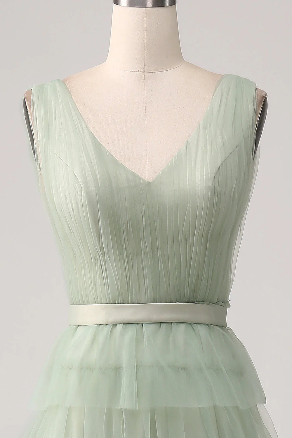 Green split pleated layered prom dress