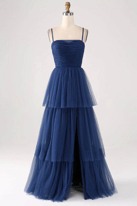 A Line thin shoulder strap layered sheer pleated slit prom dress