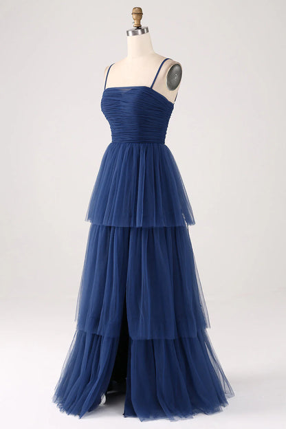 A Line thin shoulder strap layered sheer pleated slit prom dress