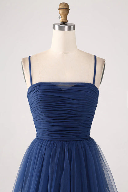 A Line thin shoulder strap layered sheer pleated slit prom dress