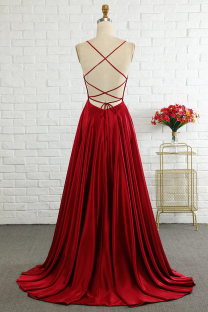 Minimalist A-line thin shoulder strap wine red long prom dress