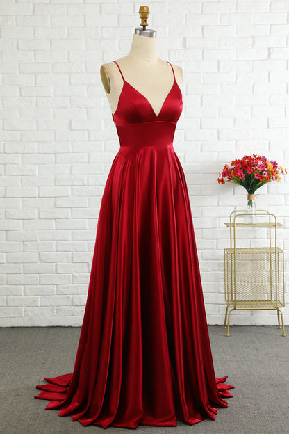 Minimalist A-line thin shoulder strap wine red long prom dress