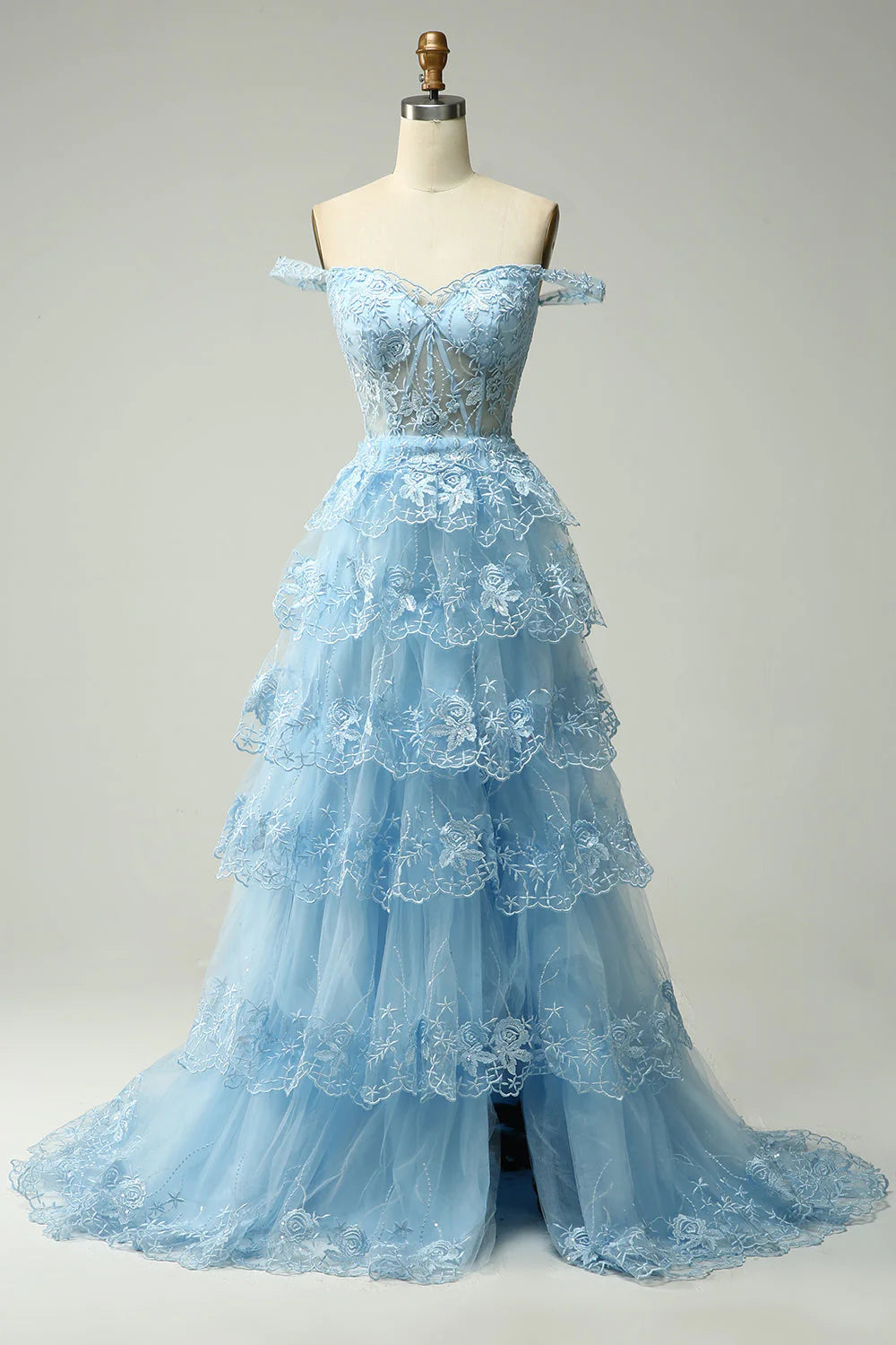 Long Formal Dresses Elegant Off Shoulder Corset Tiered Prom Dress with Slit