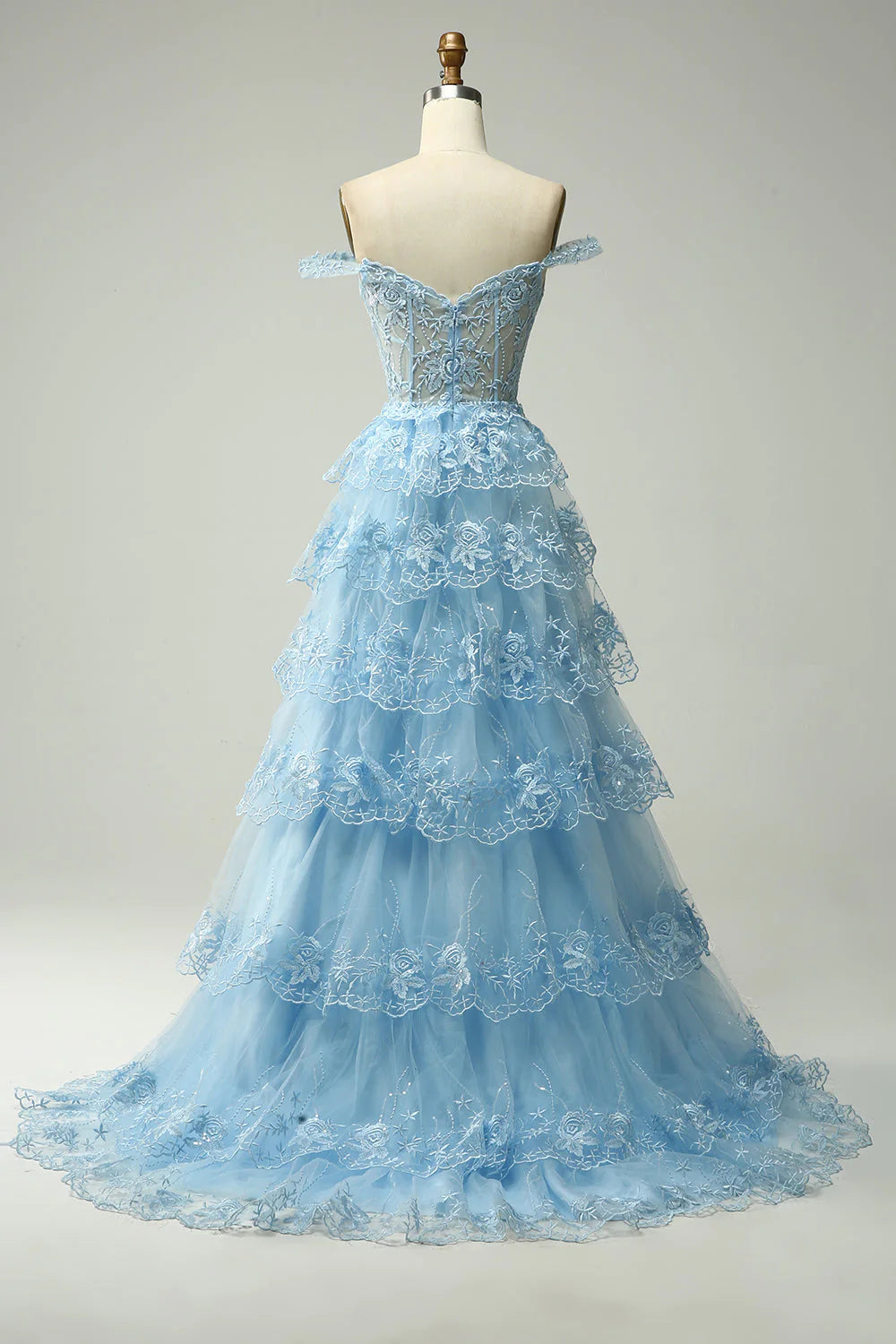 Long Formal Dresses Elegant Off Shoulder Corset Tiered Prom Dress with Slit