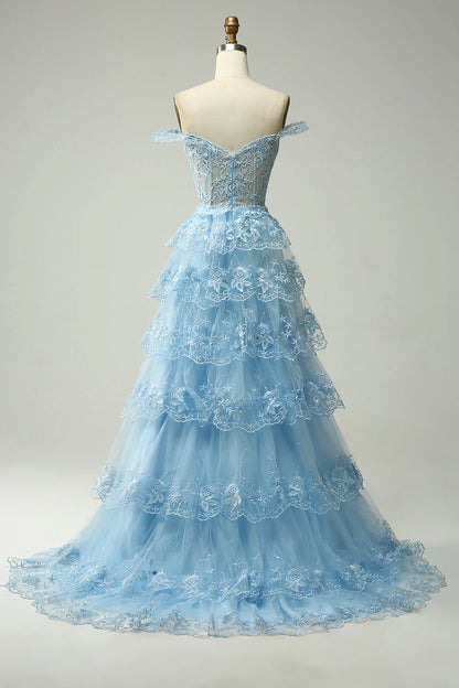 Long Formal Dresses Elegant Off Shoulder Corset Tiered Prom Dress with Slit