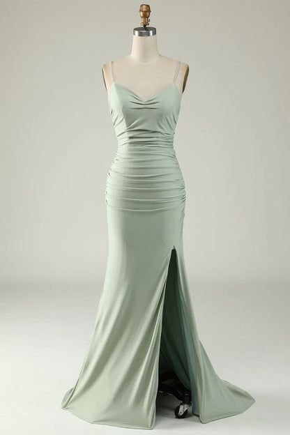Fish tail thin shoulder strap gray large cross shaped back prom dress