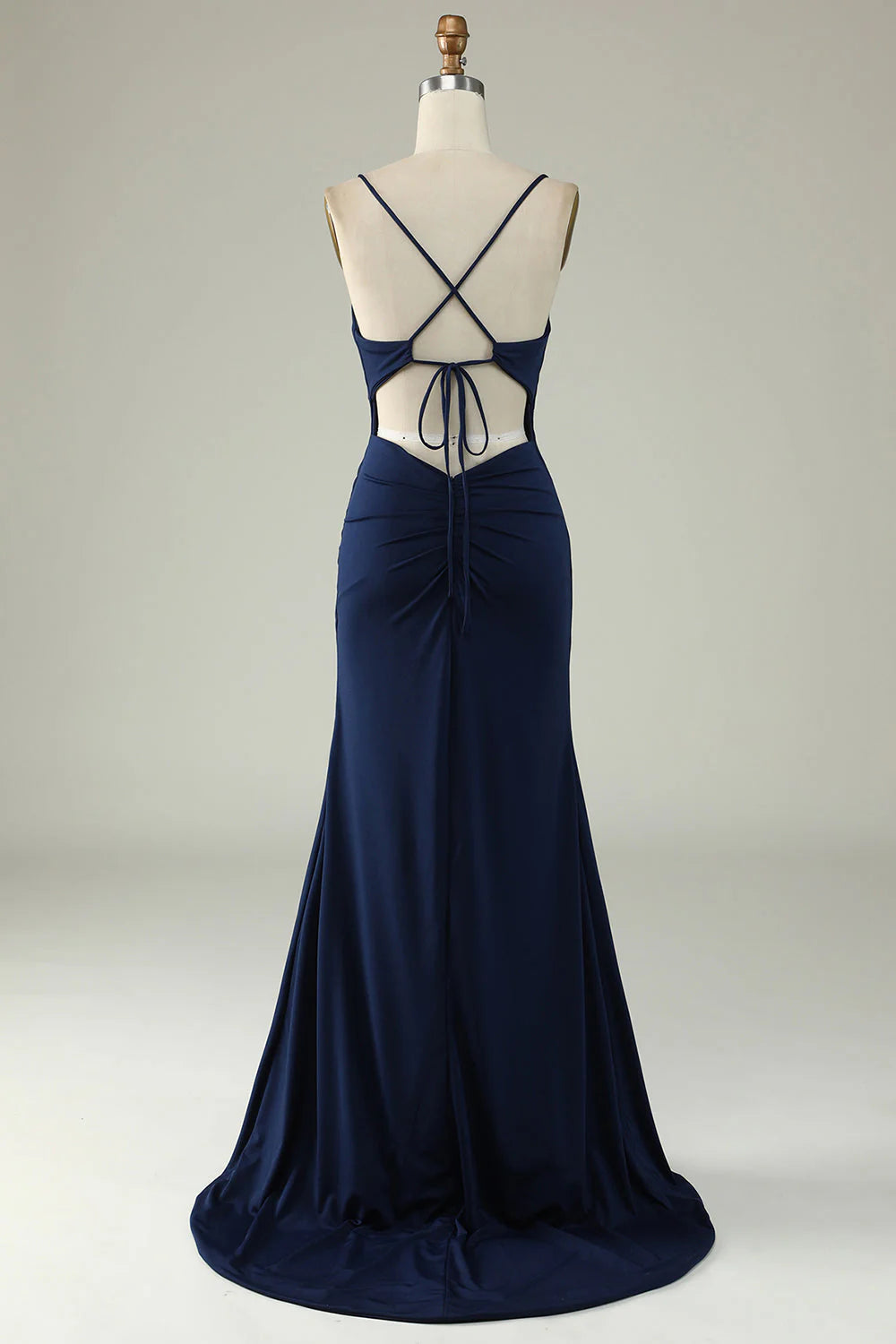 Fish tail thin shoulder strap navy blue plus size front slit prom dress