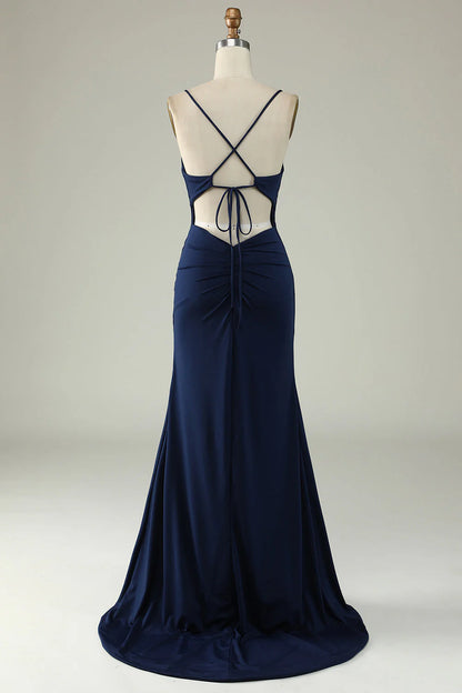 Fish tail thin shoulder strap navy blue plus size front slit prom dress