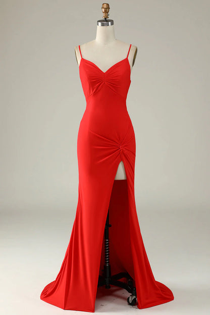 Fish tail thin shoulder strap navy blue plus size front slit prom dress