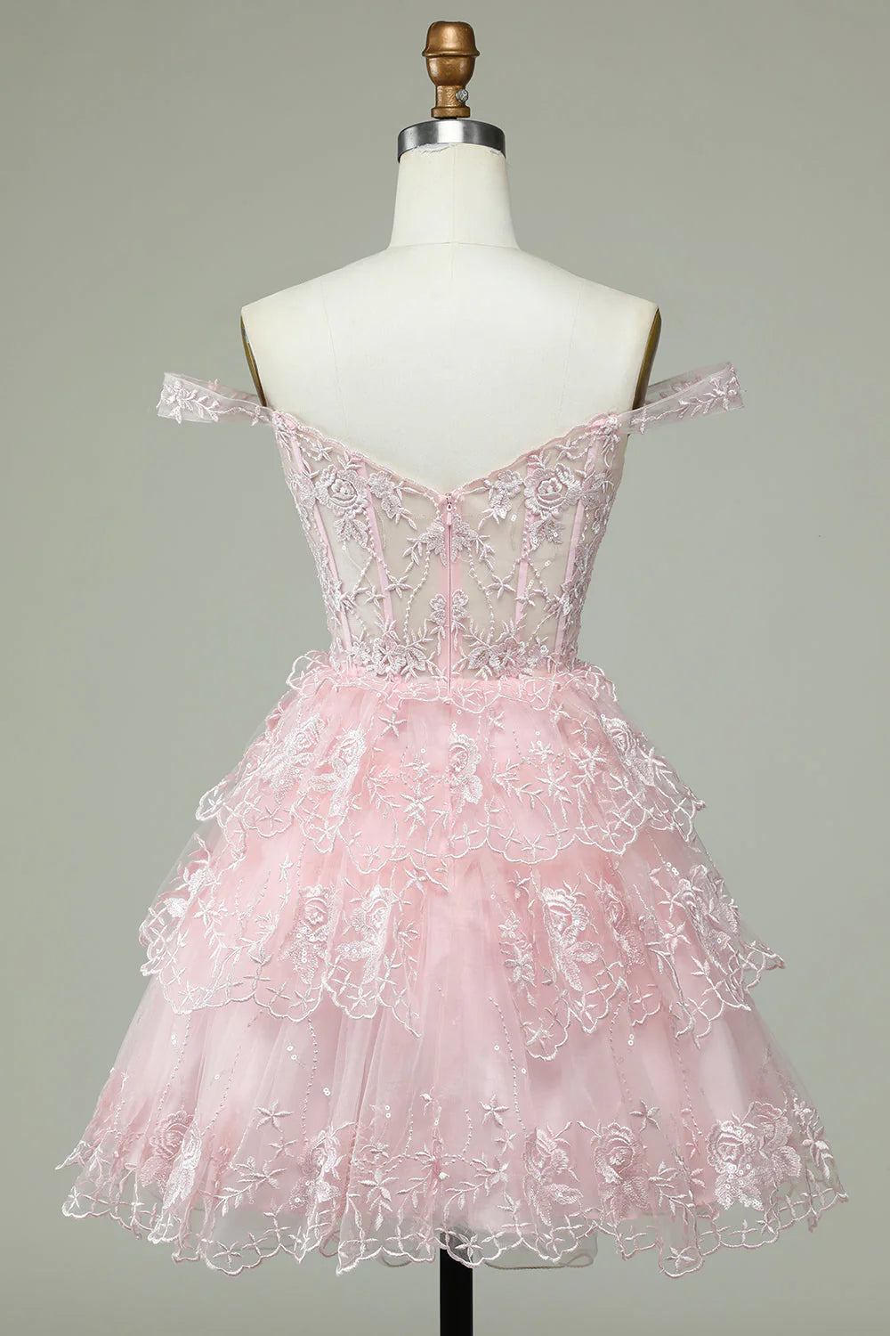 Cute A-line Off Shoulder Pink Lace Corset Cocktail Dresses