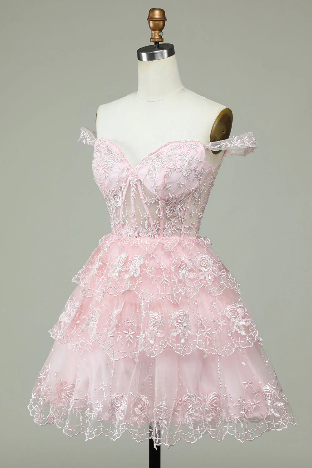 Cute A-line Off Shoulder Pink Lace Corset Cocktail Dresses