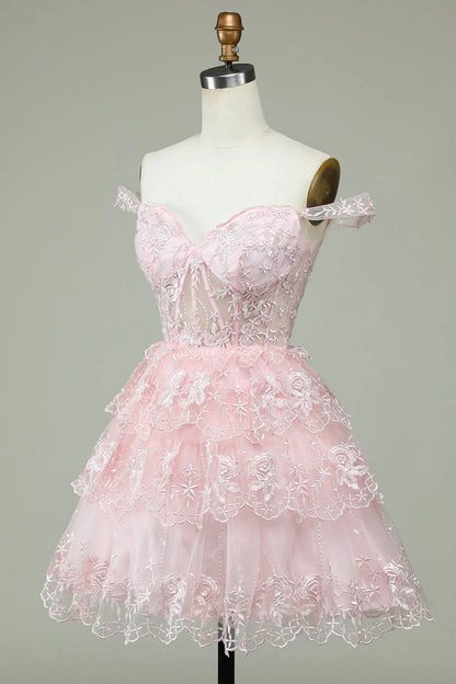 Cute A-line Off Shoulder Pink Lace Corset Cocktail Dresses