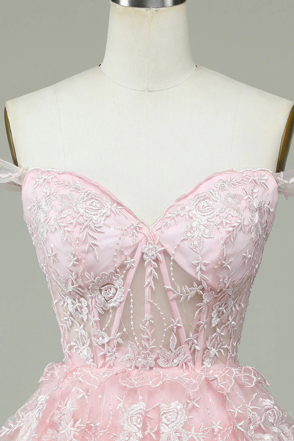 Cute A-line Off Shoulder Pink Lace Corset Cocktail Dresses