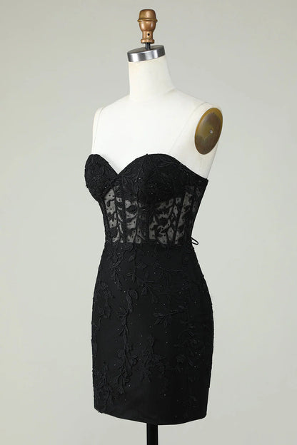 Bodycon Sweetheart Black Tight Bra Short with Decal Cocktail Dresses