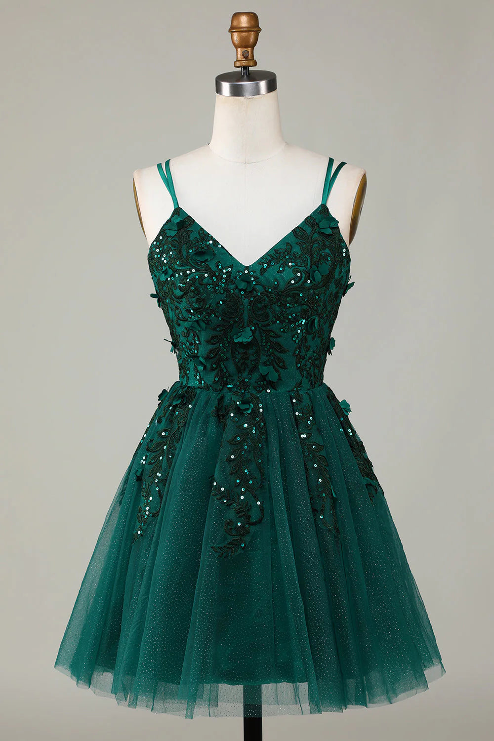 Fashionable A-line thin shoulder strap dark green short style decorated with stickers and beads Cocktail Dresses