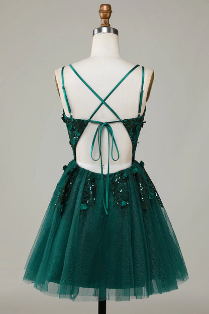 Fashionable A-line thin shoulder strap dark green short style decorated with stickers and beads Cocktail Dresses