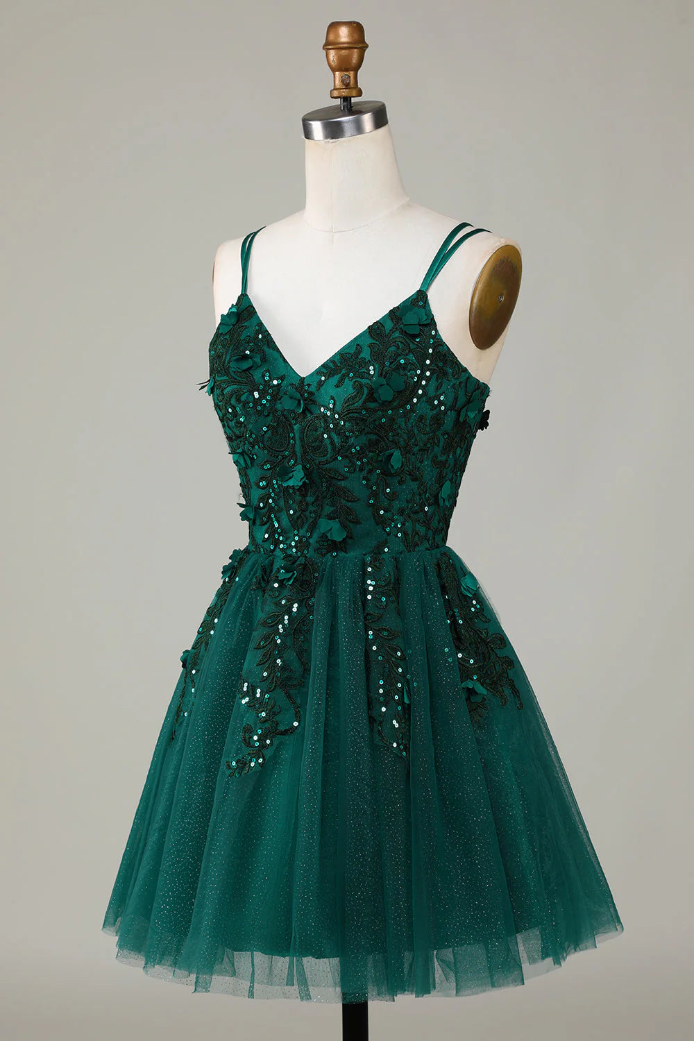Fashionable A-line thin shoulder strap dark green short style decorated with stickers and beads Cocktail Dresses