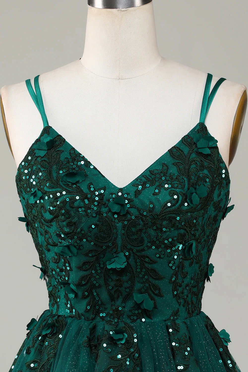 Fashionable A-line thin shoulder strap dark green short style decorated with stickers and beads Cocktail Dresses