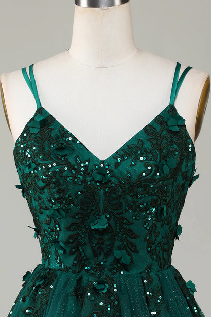 Fashionable A-line thin shoulder strap dark green short style decorated with stickers and beads Cocktail Dresses