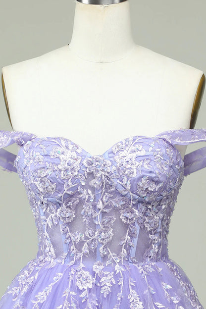 A Line Off Shoulder Light Purple Tight Corset Sticker Cocktail Dresses