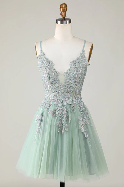 Fashionable A-line thin shoulder strap with green sticker short Cocktail Dresses