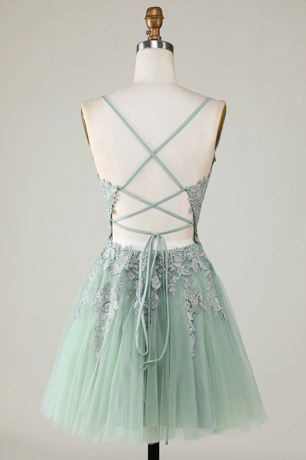 Fashionable A-line thin shoulder strap with green sticker short Cocktail Dresses