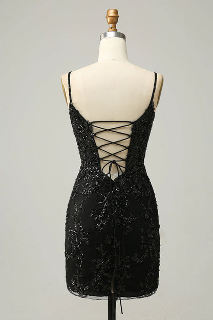 Tight and slim shoulder straps in navy blue sequins short cross back Cocktail Dresses