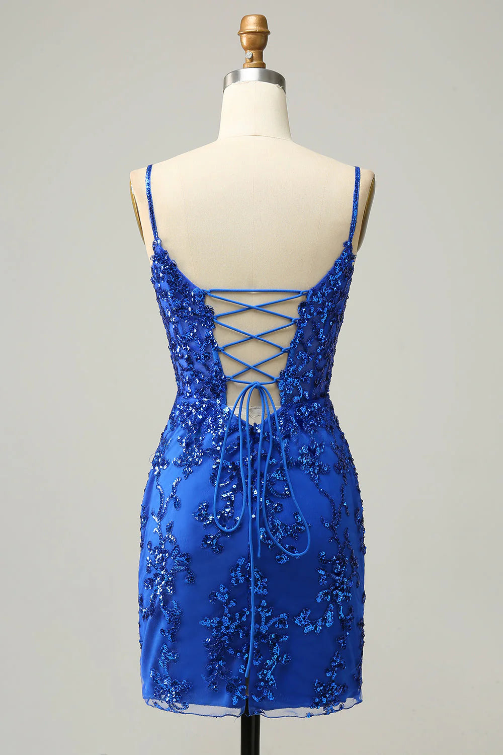 Tight and slim shoulder straps in navy blue sequins short cross back Cocktail Dresses