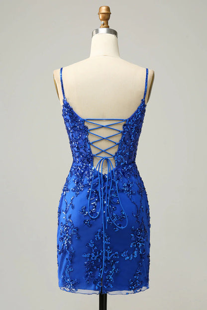 Tight and slim shoulder straps in navy blue sequins short cross back Cocktail Dresses