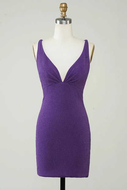 Fashionable deep V-neck purple short back cross Cocktail Dresses