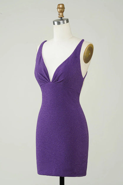 Fashionable deep V-neck purple short back cross Cocktail Dresses