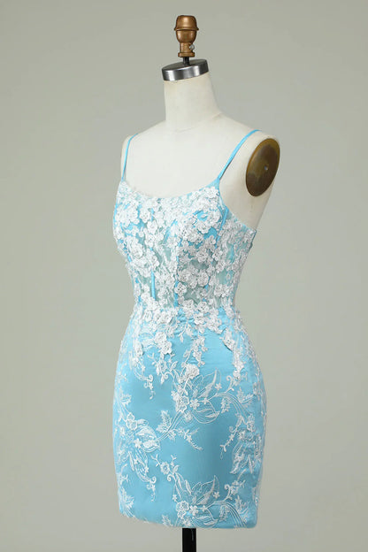 Thin shoulder strap light blue decal short Cocktail Dresses