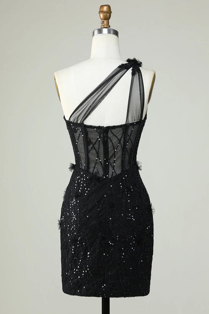 Sticker Tight One Shoulder Black Tight Bra Cocktail Dresses