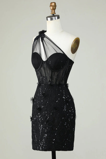 Sticker Tight One Shoulder Black Tight Bra Cocktail Dresses