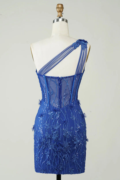 Unique Decal One Shoulder Treasure Blue Short Cocktail Dresses