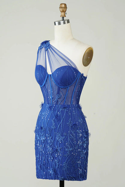 Unique Decal One Shoulder Treasure Blue Short Cocktail Dresses