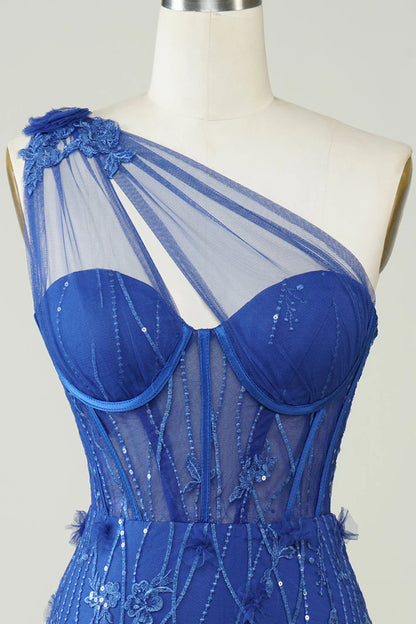 Unique Decal One Shoulder Treasure Blue Short Cocktail Dresses