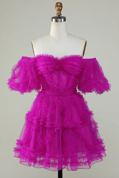 Fashionable A-shaped off shoulder purple sheer tight fitting corset Cocktail Dresses