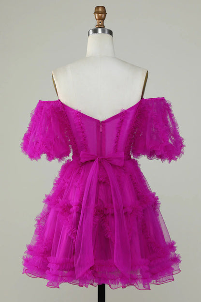 Fashionable A-shaped off shoulder purple sheer tight fitting corset Cocktail Dresses