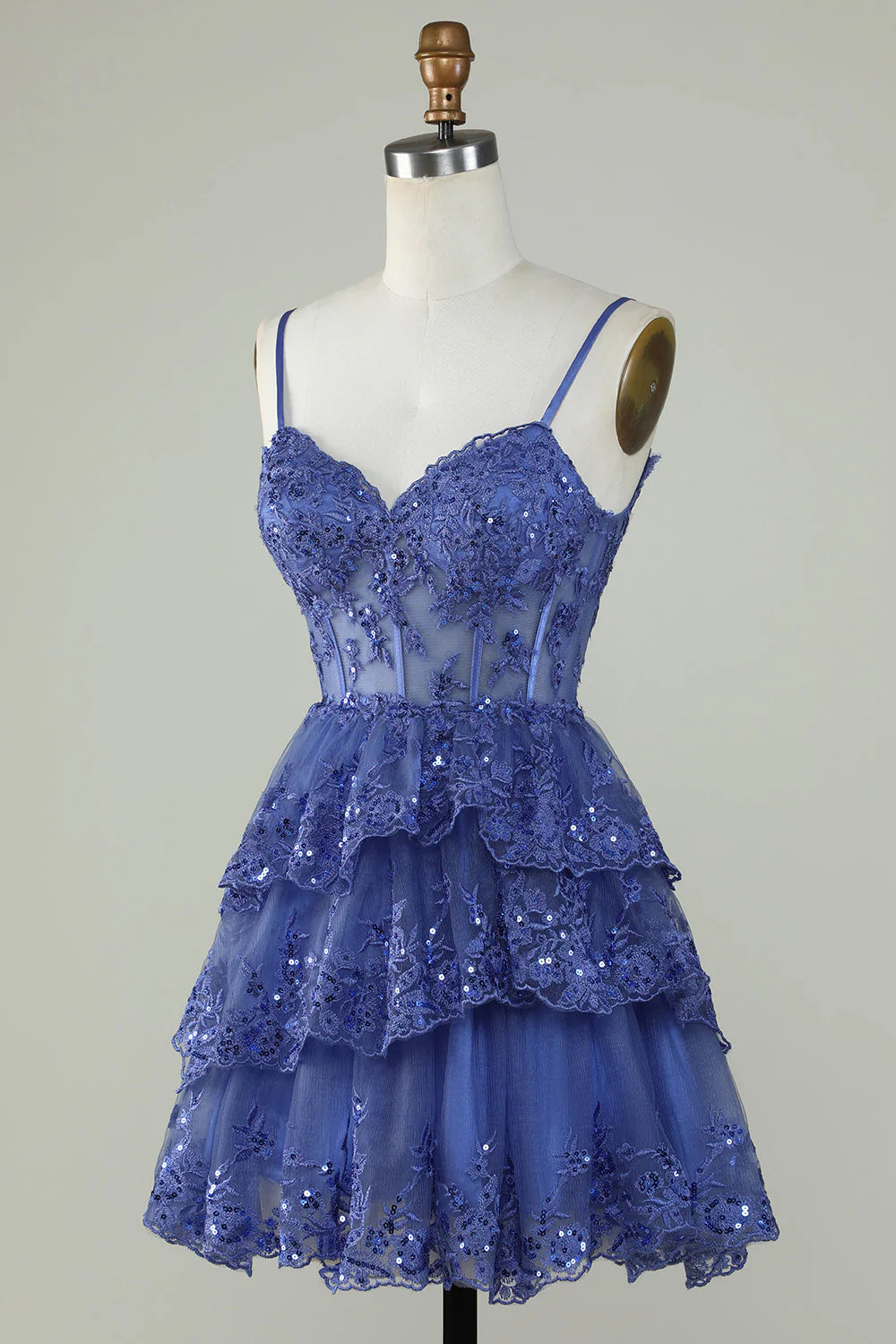 Cute A-line thin shoulder strap dark blue shiny tight fitting corset Cocktail Dresses